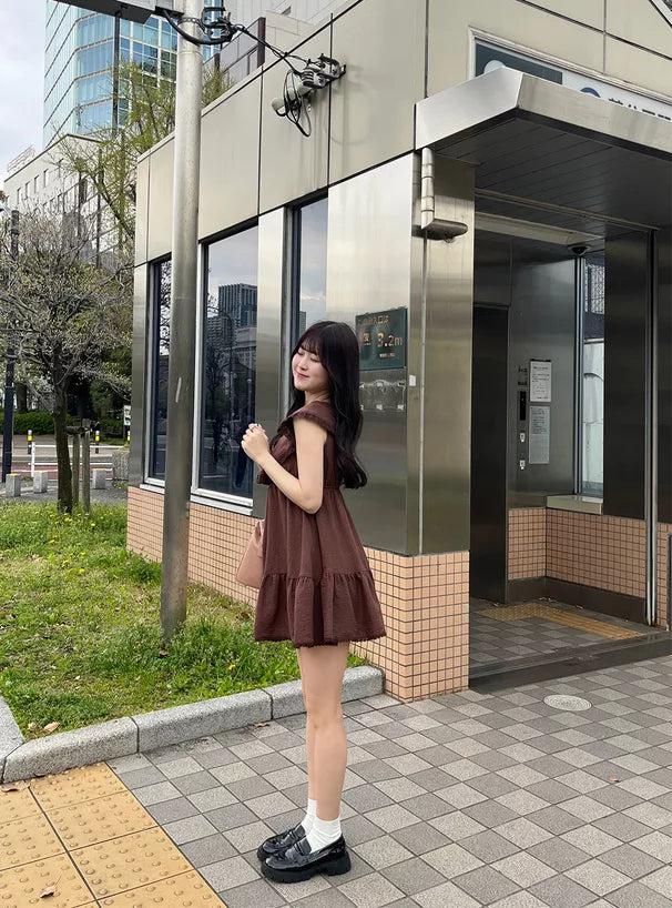 GRL 蝴蝶結綁帶荷葉邊領蕾絲連身裙 3色 [OP0207]