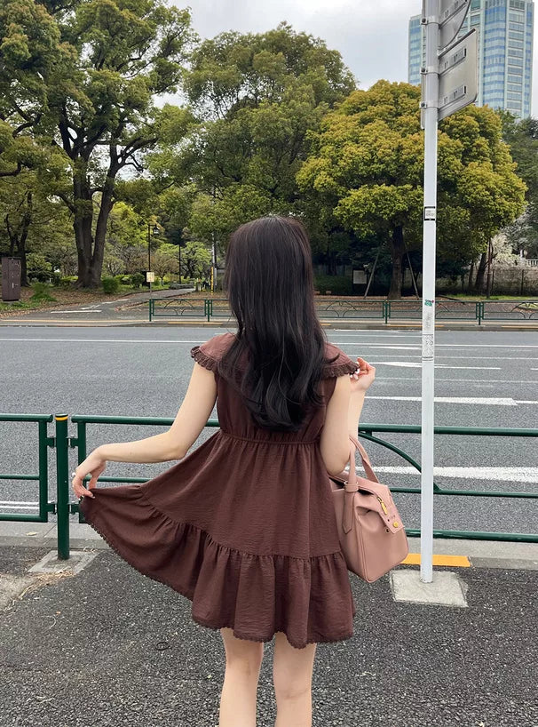 GRL 蝴蝶結綁帶荷葉邊領蕾絲連身裙 3色 [OP0207]