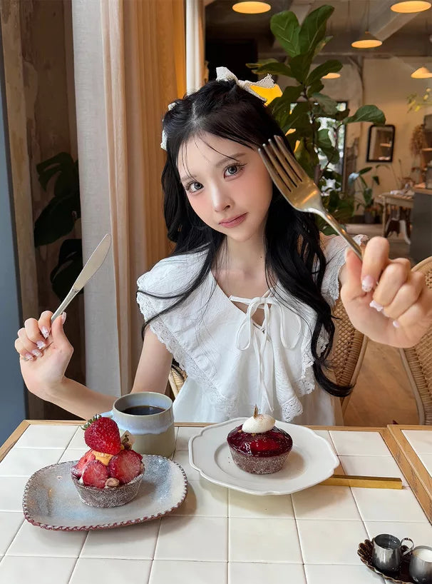 GRL 蝴蝶結綁帶荷葉邊領蕾絲連身裙 3色 [OP0207]