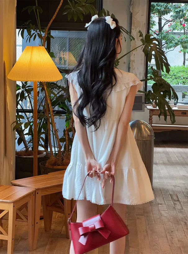 GRL 蝴蝶結綁帶荷葉邊領蕾絲連身裙 3色 [OP0207]