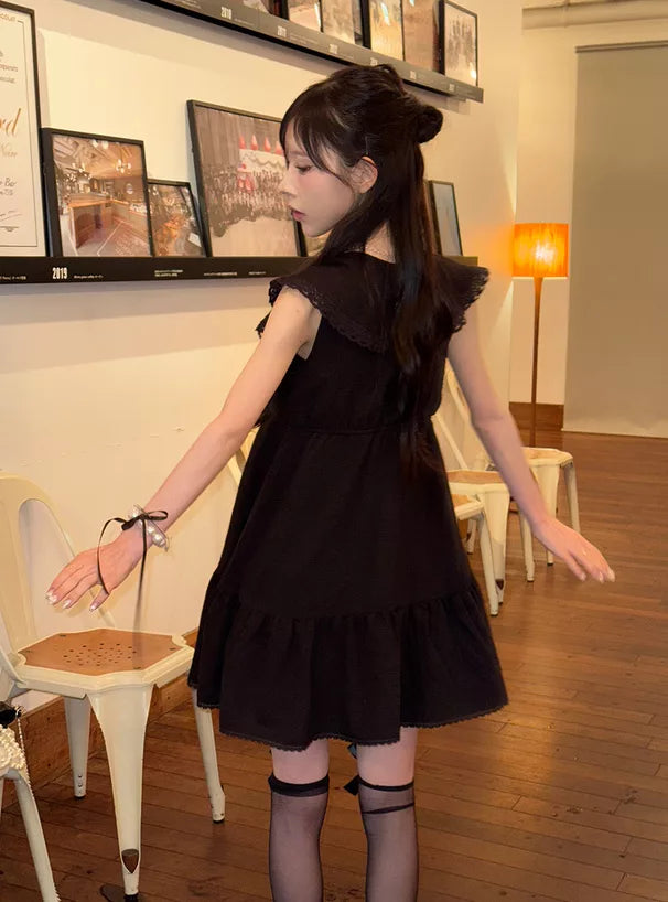 GRL 蝴蝶結綁帶荷葉邊領蕾絲連身裙 3色 [OP0207]