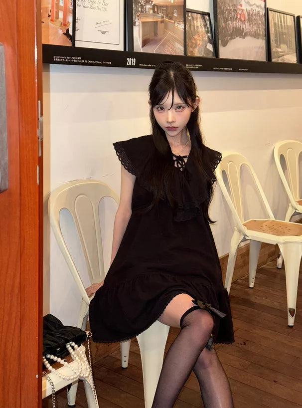 GRL 蝴蝶結綁帶荷葉邊領蕾絲連身裙 3色 [OP0207]