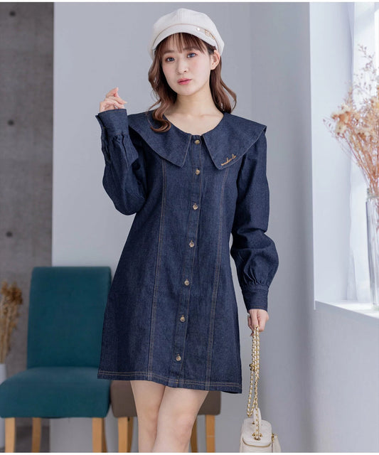 Clear 大領子牛仔連身裙 2色 [OP296]