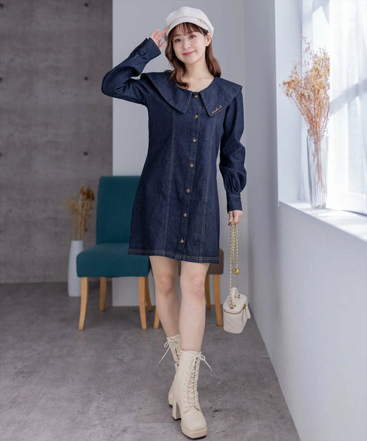 Clear 大領子牛仔連身裙 2色 [OP296]