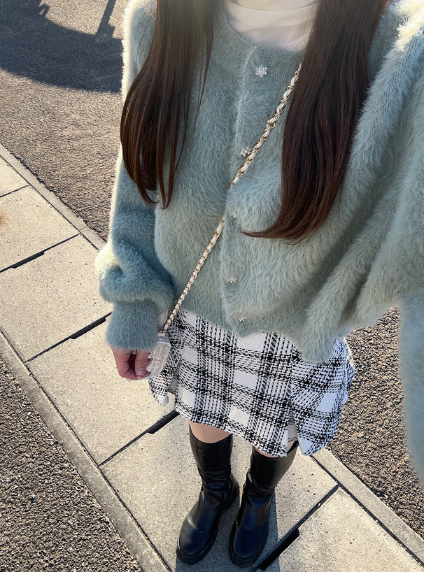 羽毛針織花卉珍珠紐扣外套 [OT174]