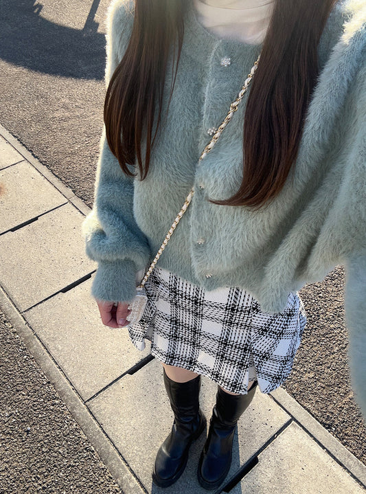 羽毛針織花卉珍珠紐扣外套 [OT174]