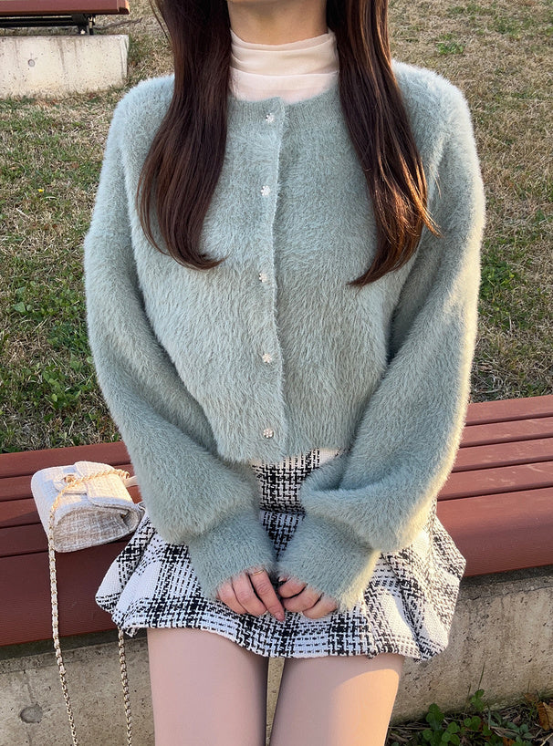 羽毛針織花卉珍珠紐扣外套 [OT174]