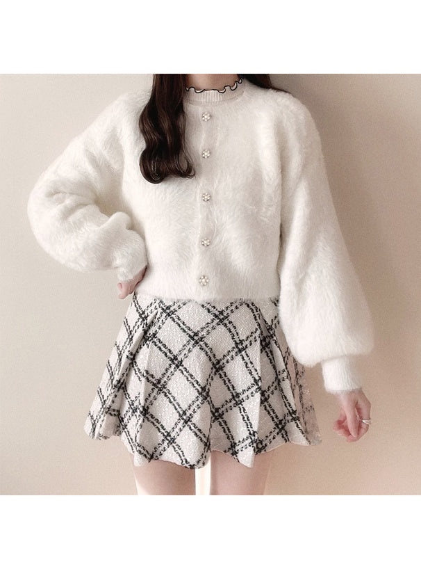 羽毛針織花卉珍珠紐扣外套 [OT174]