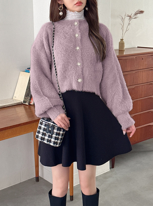 羽毛針織花卉珍珠紐扣外套 [OT174]