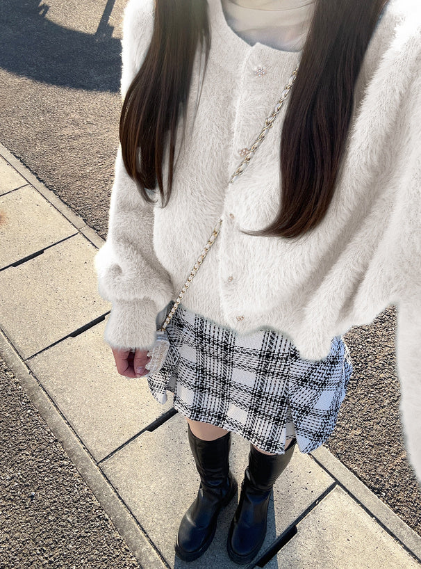 羽毛針織花卉珍珠紐扣外套 [OT174]