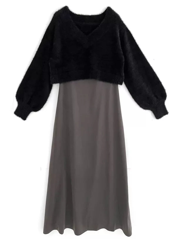 GRL 毛茸茸針織上衣 x 吊帶連身裙套裝 3色 [OP0133]