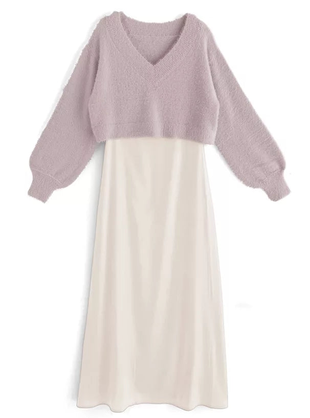 GRL 毛茸茸針織上衣 x 吊帶連身裙套裝 3色 [OP0133]