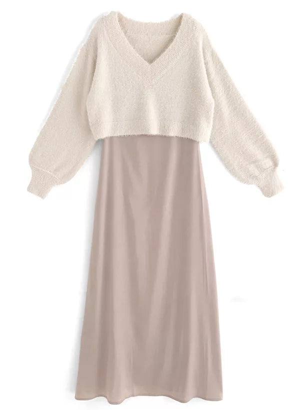 GRL 毛茸茸針織上衣 x 吊帶連身裙套裝 3色 [OP0133]