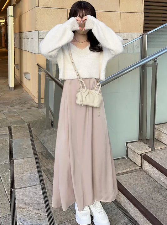 GRL 毛茸茸針織上衣 x 吊帶連身裙套裝 3色 [OP0133]