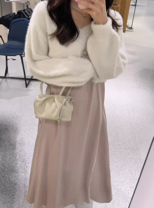 GRL 毛茸茸針織上衣 x 吊帶連身裙套裝 3色 [OP0133]