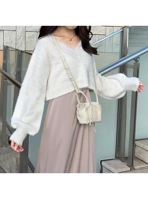 GRL 毛茸茸針織上衣 x 吊帶連身裙套裝 3色 [OP0133]