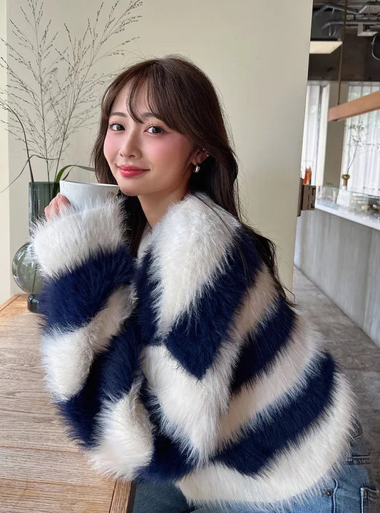 GRL 拼色間條毛茸茸針織上衣 2色 [TP0149]