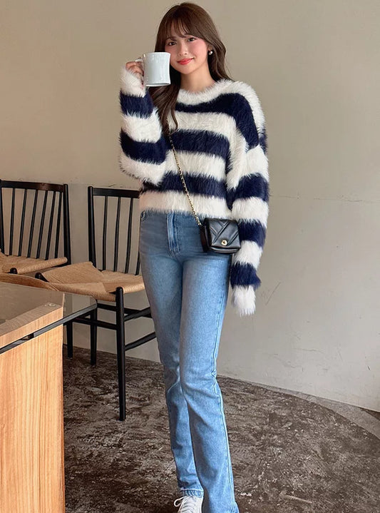 GRL 拼色間條毛茸茸針織上衣 2色 [TP0149]