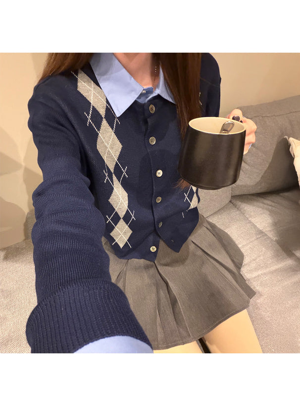 GRL 2way 菱形格紋襯衫層疊針織外套 2色 [TP0224]