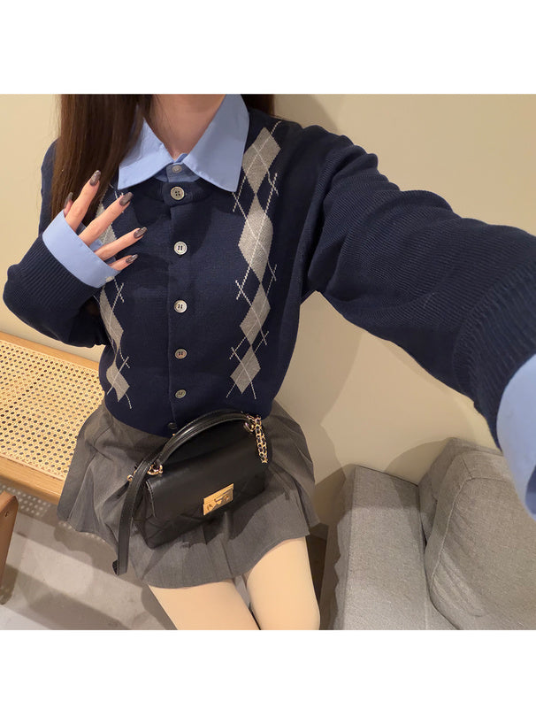 GRL 2way 菱形格紋襯衫層疊針織外套 2色 [TP0224]