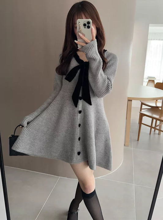 GRL 蝴蝶結緞帶針織喇叭連身裙 [OP0159]