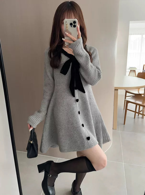 GRL 蝴蝶結緞帶針織喇叭連身裙 [OP0159]