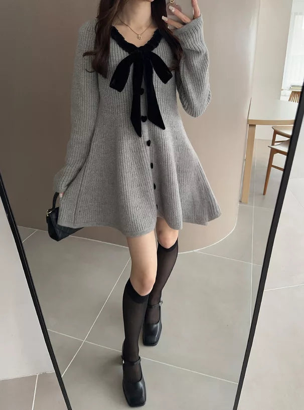 GRL 蝴蝶結緞帶針織喇叭連身裙 [OP0159]