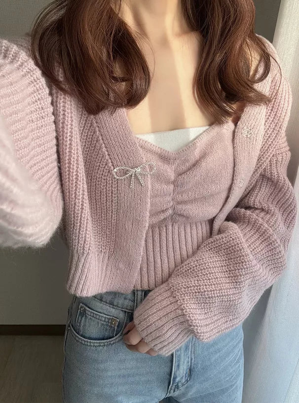 GRL 蝴蝶結胸針外套 x 吊帶針織套裝 4色 [TP0154]