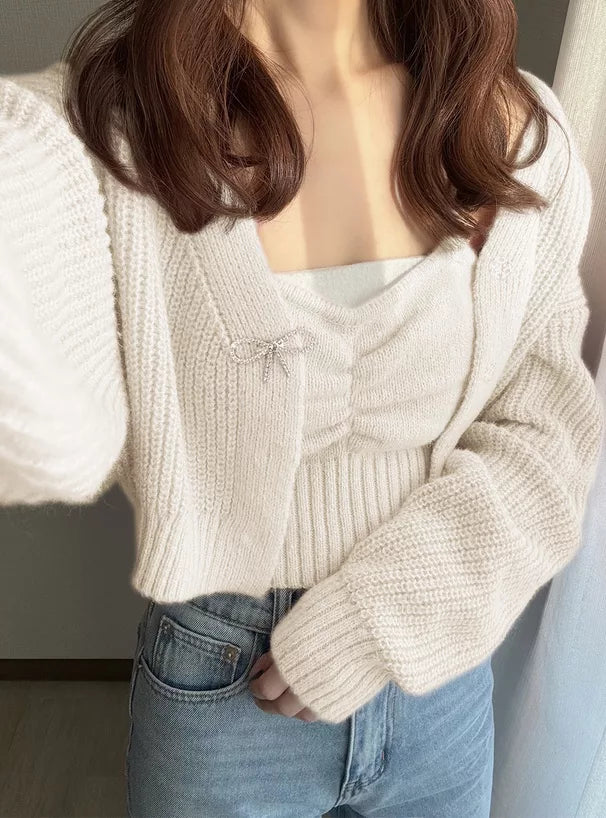 GRL 蝴蝶結胸針外套 x 吊帶針織套裝 4色 [TP0154]