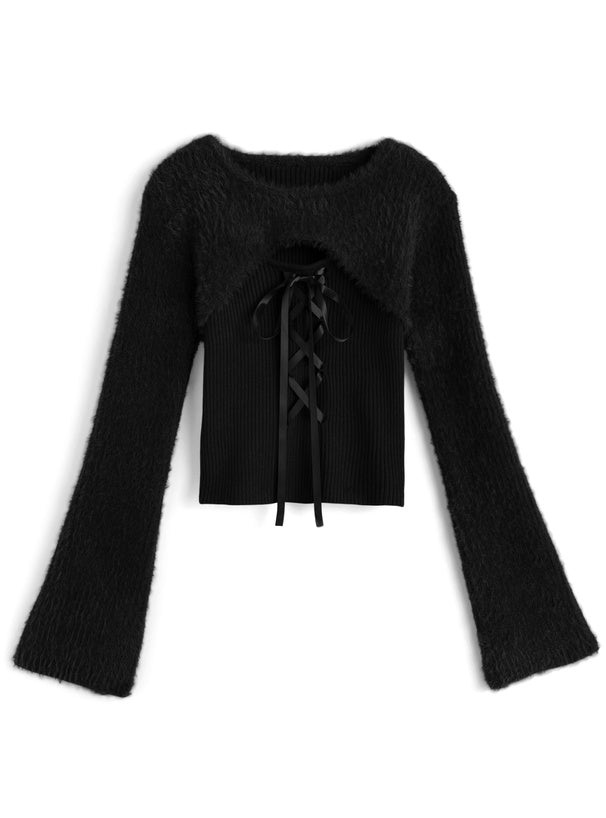 GRL 蝴蝶結綁帶毛毛扣拼疊針織上衣 3色 [TP0228]