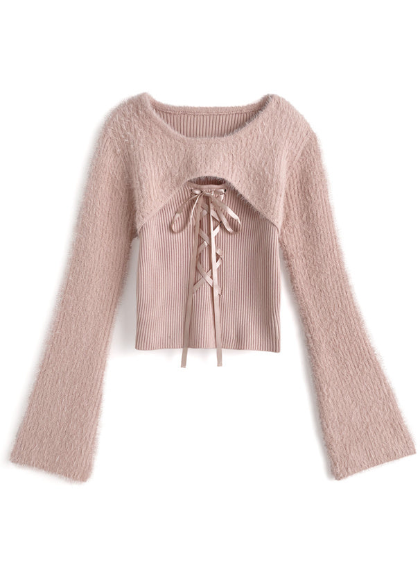 GRL 蝴蝶結綁帶毛毛扣拼疊針織上衣 3色 [TP0228]