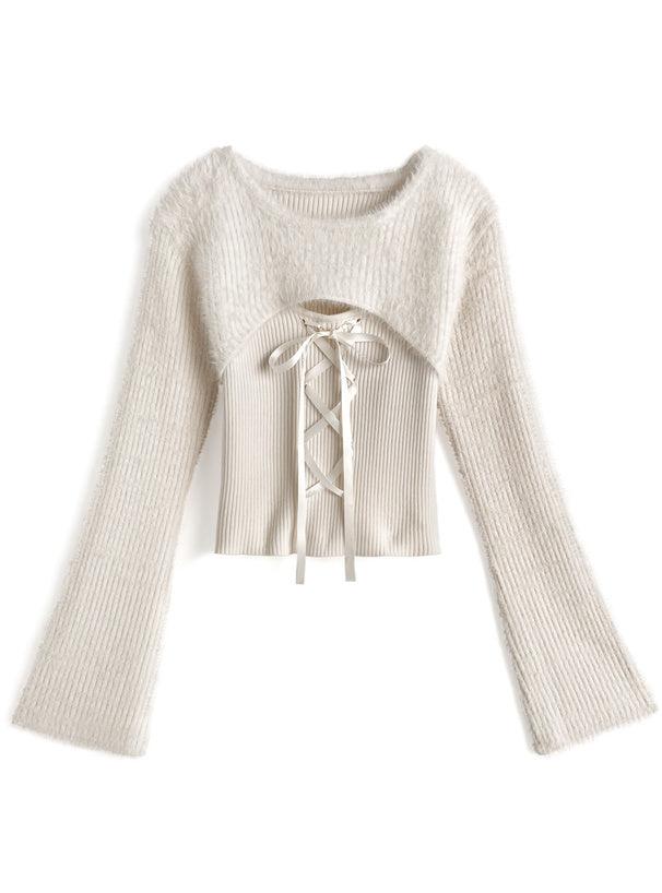 GRL 蝴蝶結綁帶毛毛扣拼疊針織上衣 3色 [TP0228]