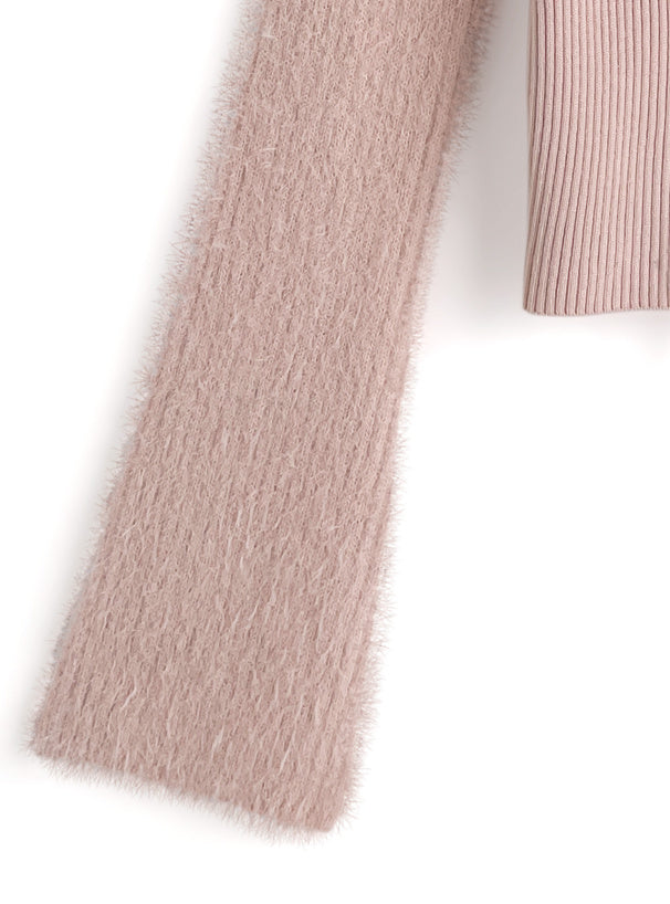 GRL 蝴蝶結綁帶毛毛扣拼疊針織上衣 3色 [TP0228]