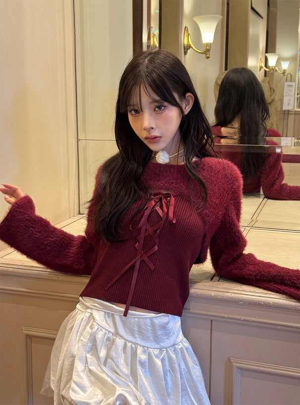 GRL 蝴蝶結綁帶毛毛扣拼疊針織上衣 3色 [TP0228]