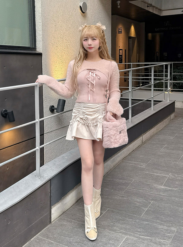 GRL 蝴蝶結綁帶毛毛扣拼疊針織上衣 3色 [TP0228]