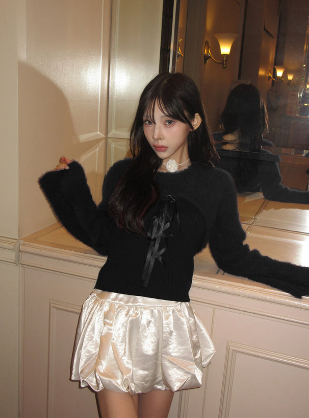 GRL 蝴蝶結綁帶毛毛扣拼疊針織上衣 3色 [TP0228]