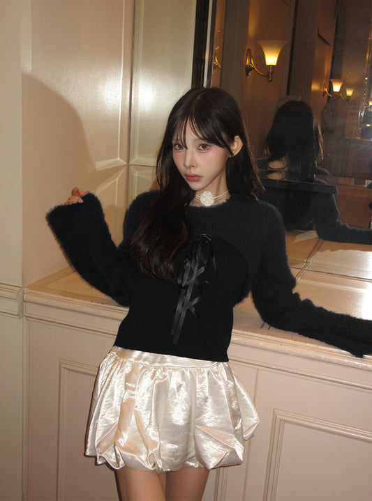 GRL 蝴蝶結綁帶毛毛扣拼疊針織上衣 3色 [TP0228]