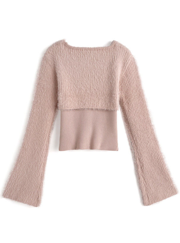 GRL 蝴蝶結綁帶毛毛扣拼疊針織上衣 3色 [TP0228]