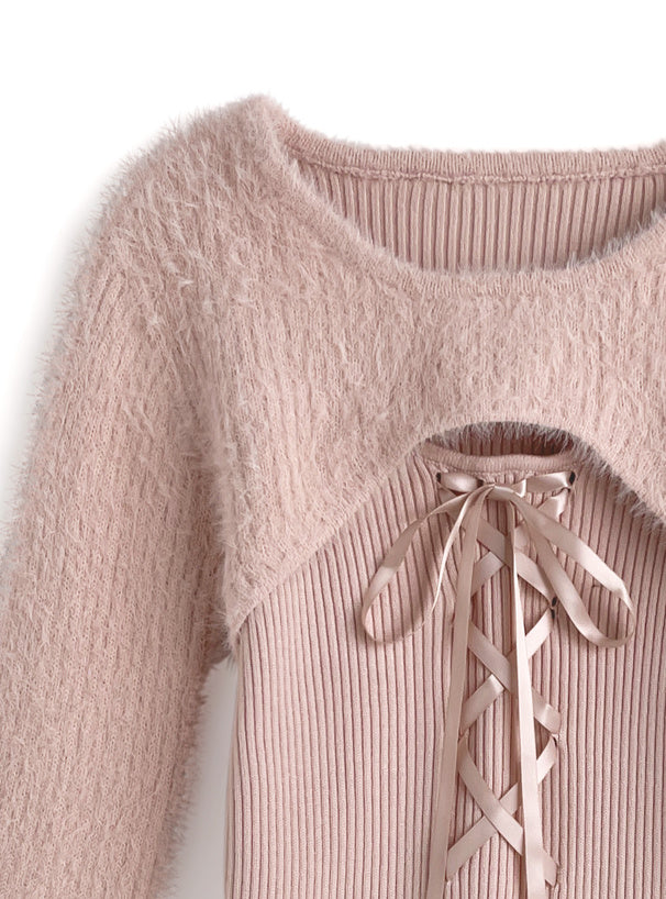 GRL 蝴蝶結綁帶毛毛扣拼疊針織上衣 3色 [TP0228]