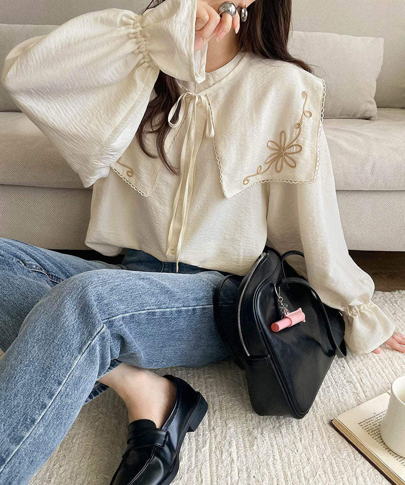 mily bilet 花卉刺繡領子襯衫 3色 [TP0232]