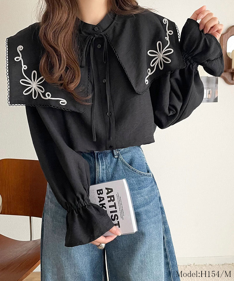 mily bilet 花卉刺繡領子襯衫 3色 [TP0232]