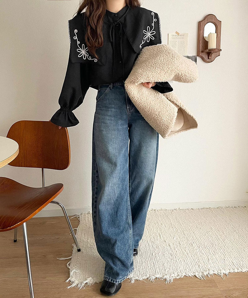 mily bilet 花卉刺繡領子襯衫 3色 [TP0232]