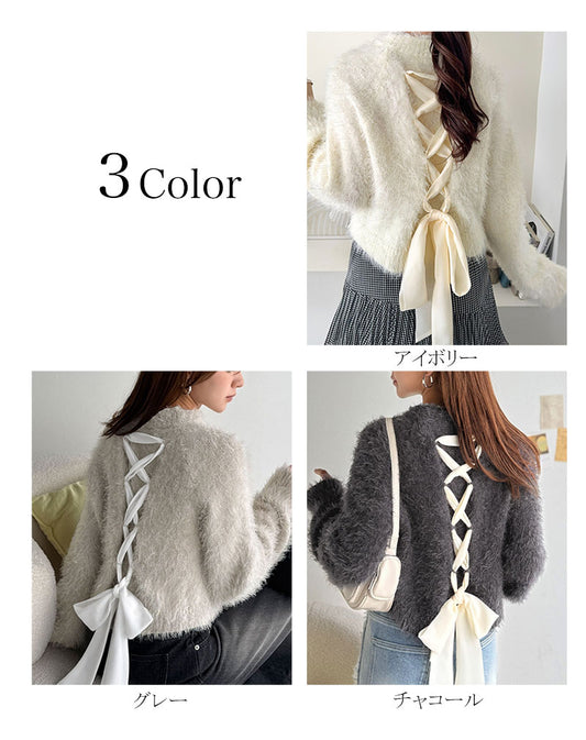 mily bilet 後蝴蝶結綁帶針織上衣 3色 [TP0231]