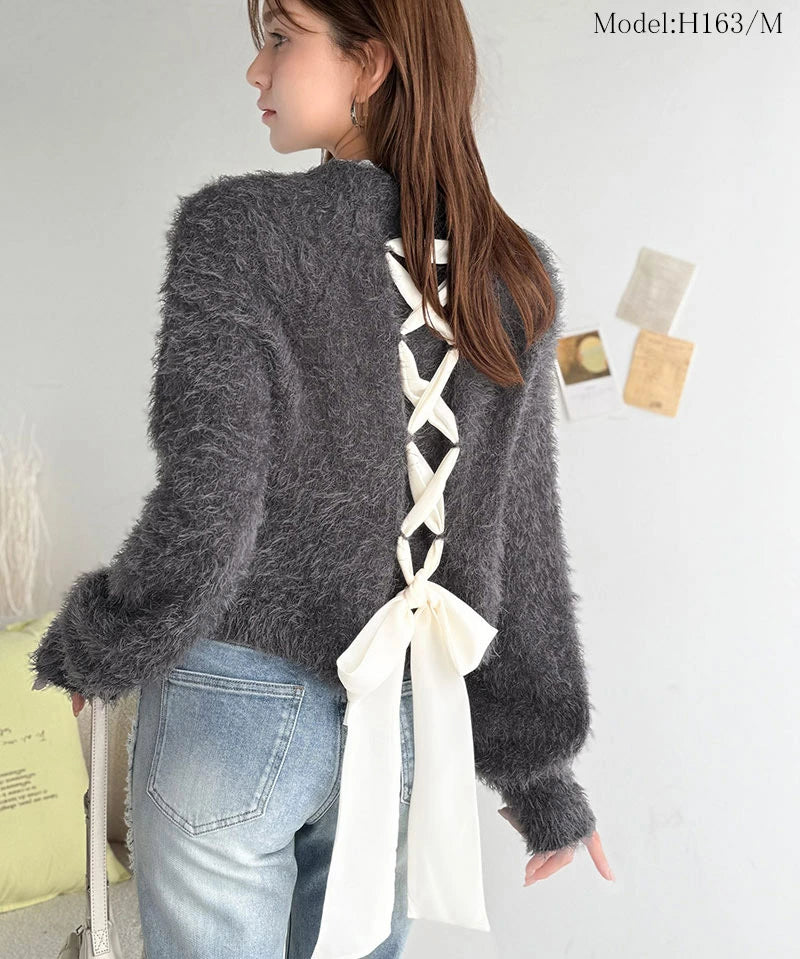 mily bilet 後蝴蝶結綁帶針織上衣 3色 [TP0231]
