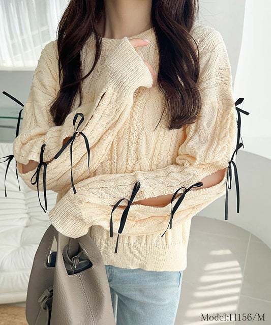 mily bilet 蝴蝶結麻花針織上衣 4色 [TP234]