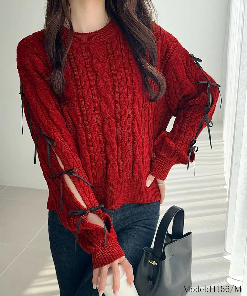 mily bilet 蝴蝶結麻花針織上衣 4色 [TP234]