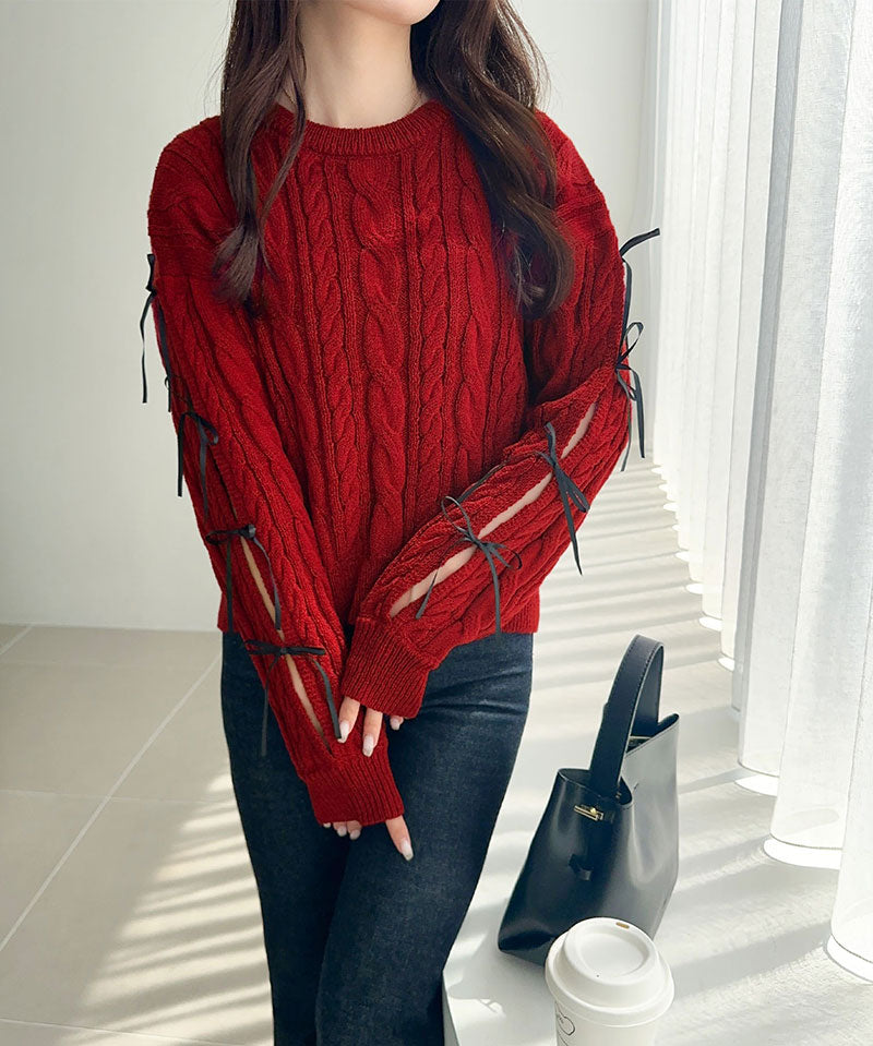 mily bilet 蝴蝶結麻花針織上衣 4色 [TP234]