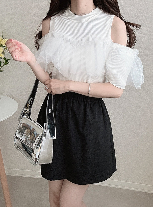 GRL 薄紗荷葉邊露肩針織上衣 2色 [TP291]