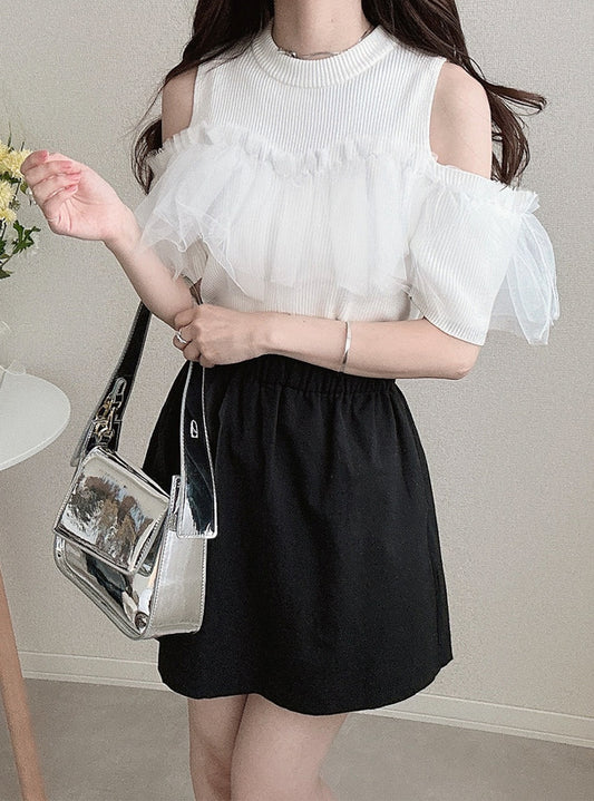 GRL 薄紗荷葉邊露肩針織上衣 2色 [TP291]