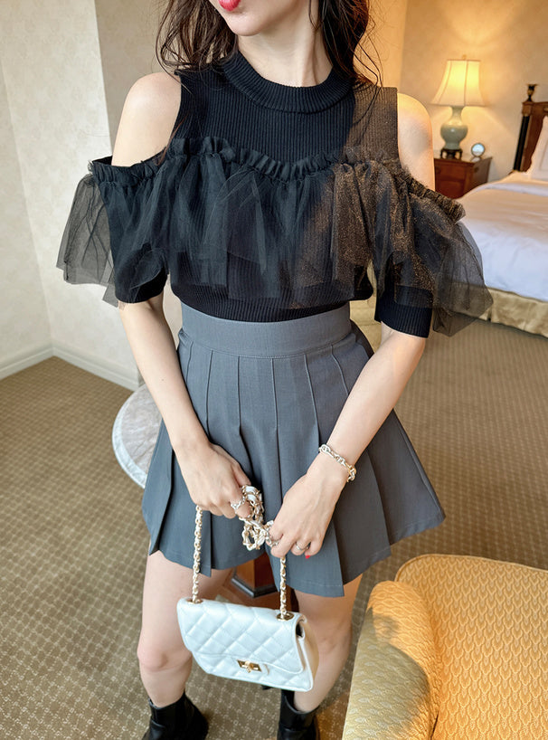 GRL 薄紗荷葉邊露肩針織上衣 2色 [TP291]